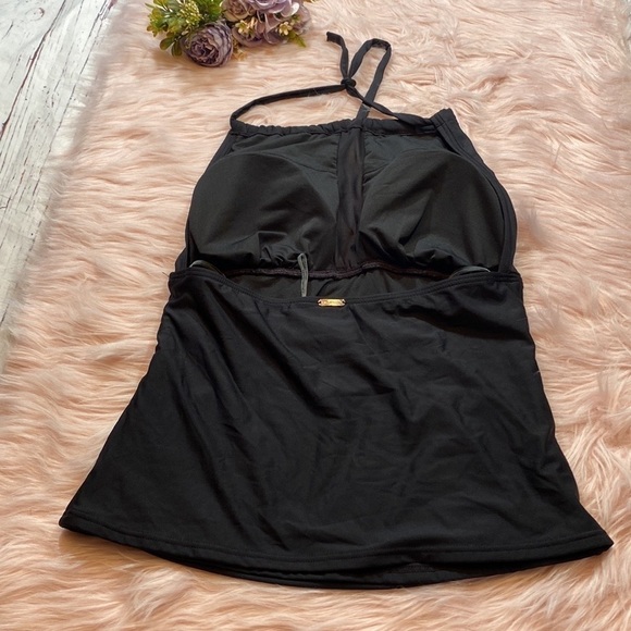 NWT Calvin Klein Black Stretch Removable Cups Tie Shirred Halter Swim Top sz M - Picture 9 of 13